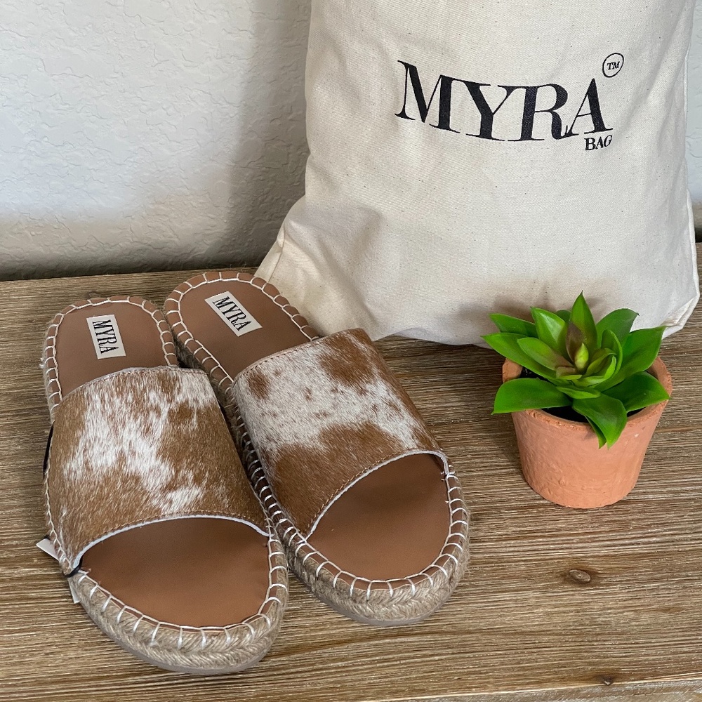 NEW Myra Spruce it Up Leather Cowhide Flat Sandals - Picture 2 of 7